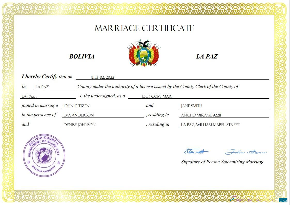 Download Bolivia marriage certificate Word and PDF template Photoshop template
